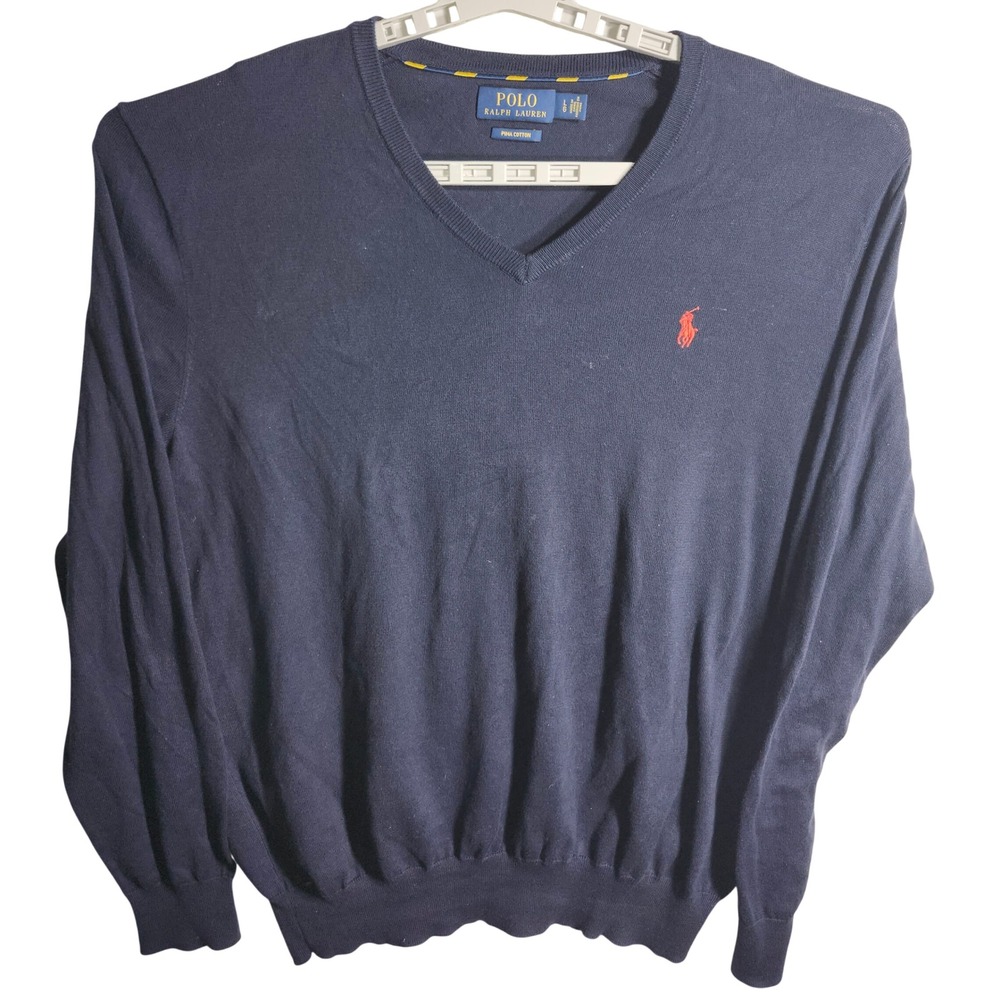 Polo Ralph Lauren V‎ Neck Sweater Navy Blue Pima Cotton Mens Size L